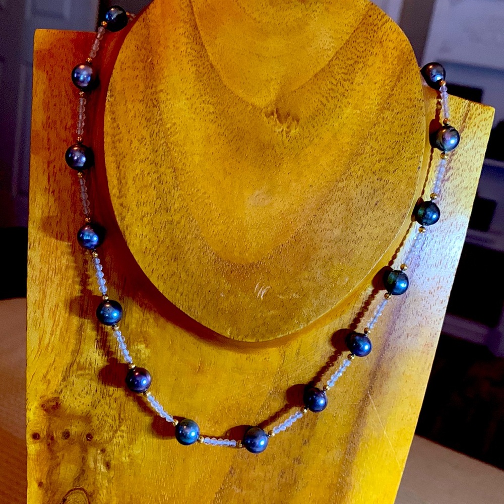 Hand Crafted Hand knotted pearl and white zircon necklace.  Artisan Jewelry